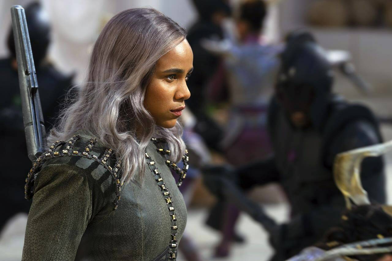 This image released by Disney shows Zawe Ashton as Dar-Benn in a scene from “The Marvels.” (Laura Radford/Disney-Marvel via AP)