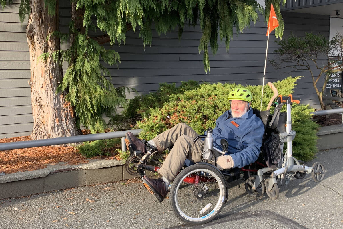 A Good Samaritan came to Murray Kennedy-MacNeill’s aid when he rolled his custom cycle and ended up in the bushes, with the bike on top of him. Photo by Terry Farrell