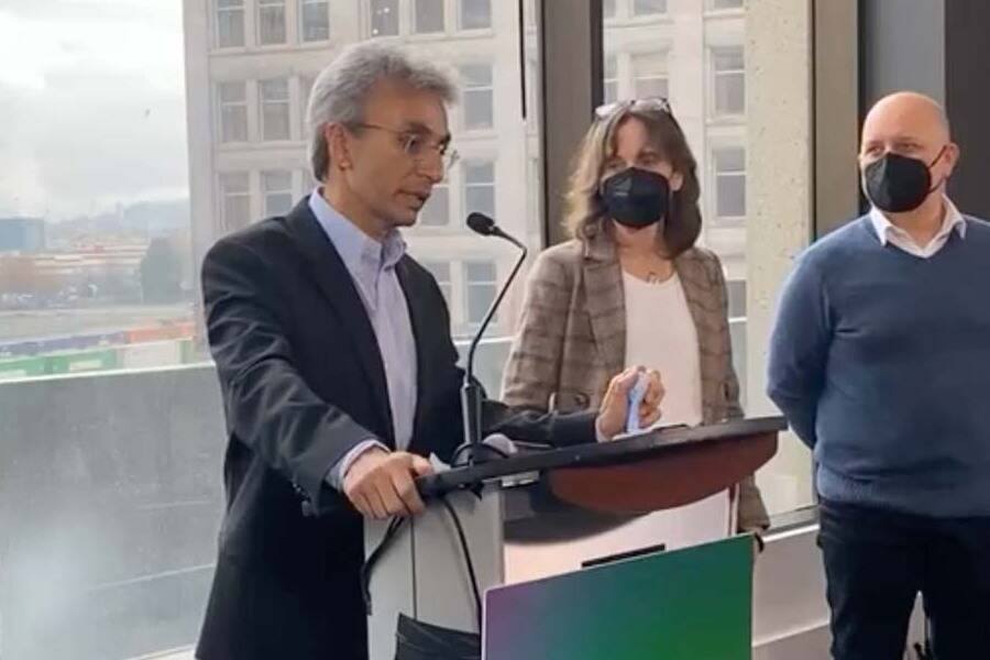 Sanjiv Gandhi, a former children’s surgeon, joined B.C. Greens party leader Sonia Furstenau and house leader Adam Olsen in Vancouver in January when party announced him as their second deputy leader. Furstenau fired him Thursday after he liked a tweet comparing provincial health officer Bonnie Henry to Josef Mengele, the infamous Nazi doctor. (Screencap)
