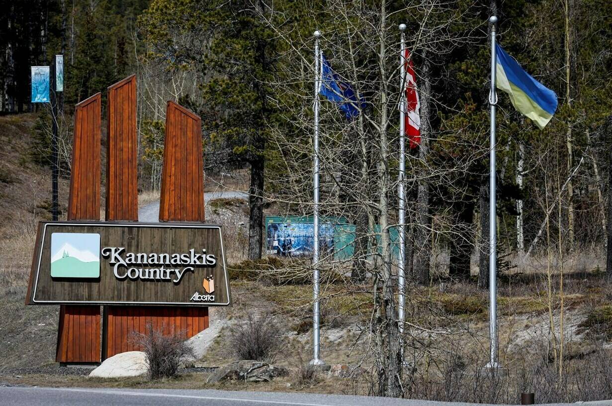 A sign marking the entrance to Kananaskis Country in Canmore, Alta., Monday, April 24, 2023. THE CANADIAN PRESS/Jeff McIntosh