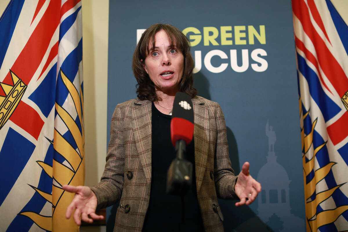 B.C. Green Party leader Sonia Furstenau warns against turning the carbon tax into a ‘scapegoat’ for affordability as a new poll shows growing opposition for the provincial carbon tax. (THE CANADIAN PRESS/Chad Hipolito)