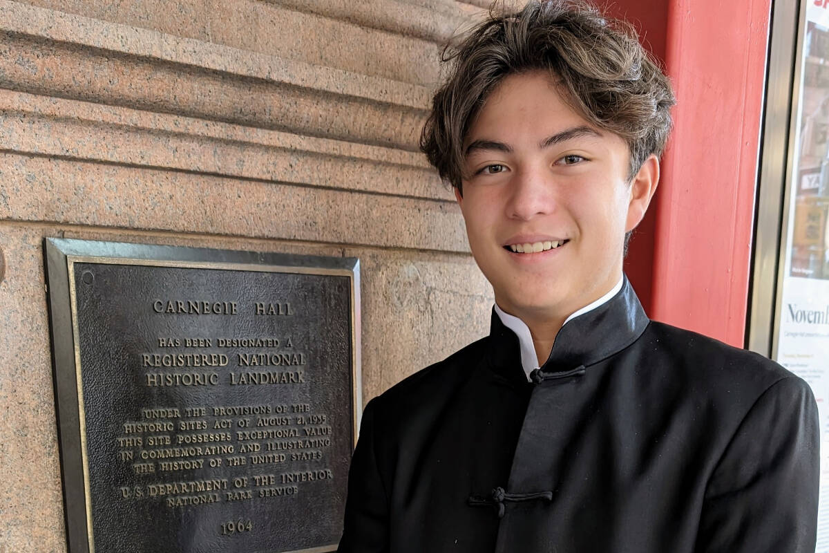 Liam Pope-Lau, 14, outside legendary Carnegie Hall in New York where he took the stage to perform an act from Shakespeare’s Julius Caesar. (Photo by Naomi Pope)