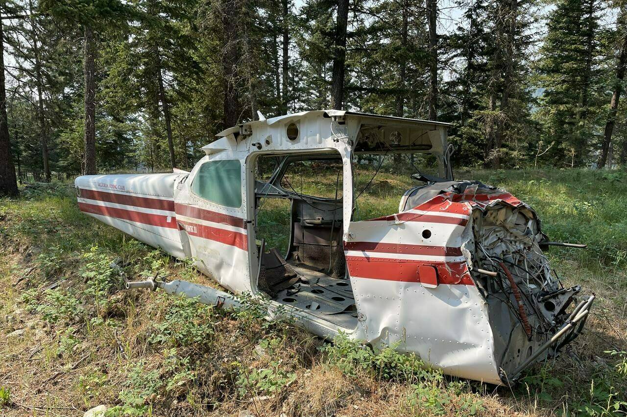 Plane wreckage that made headlines this week when officials announced a hunter had stumbled on what police thought was a decades-old crash site in the B.C. Interior was actually placed there deliberately for training purposes. The wreckage is seen in a handout photo taken north of Kamloops, B.C. THE CANADIAN PRESS/HO-Fred Carey **MANDATORY CREDIT**