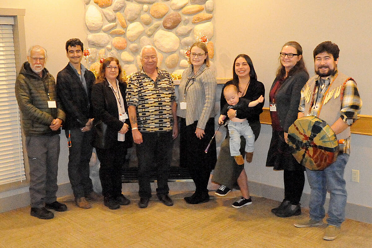 The Qualicum First Nation celebrates the recognition of pentl’ach as the 35th First Nations language in British Columbia. The team working on developing their traditional pentl’ach language, from left, Chief Michael Recalma, Mathew Andreatta, Lisa Recalma, Bill Recalma, Sarah Quinn, Tracie Finstad, Su Urbanczyk and Jessie Recalma. (Michael Briones photo)
