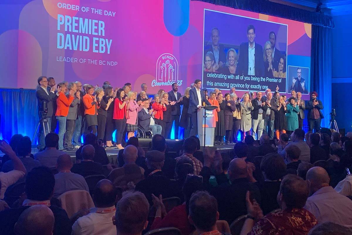 Premier David joined by New Democratic MLAs addressed delegates at the provincial NDP’s convention in Victoria. (Wolf Depner/News Staff)