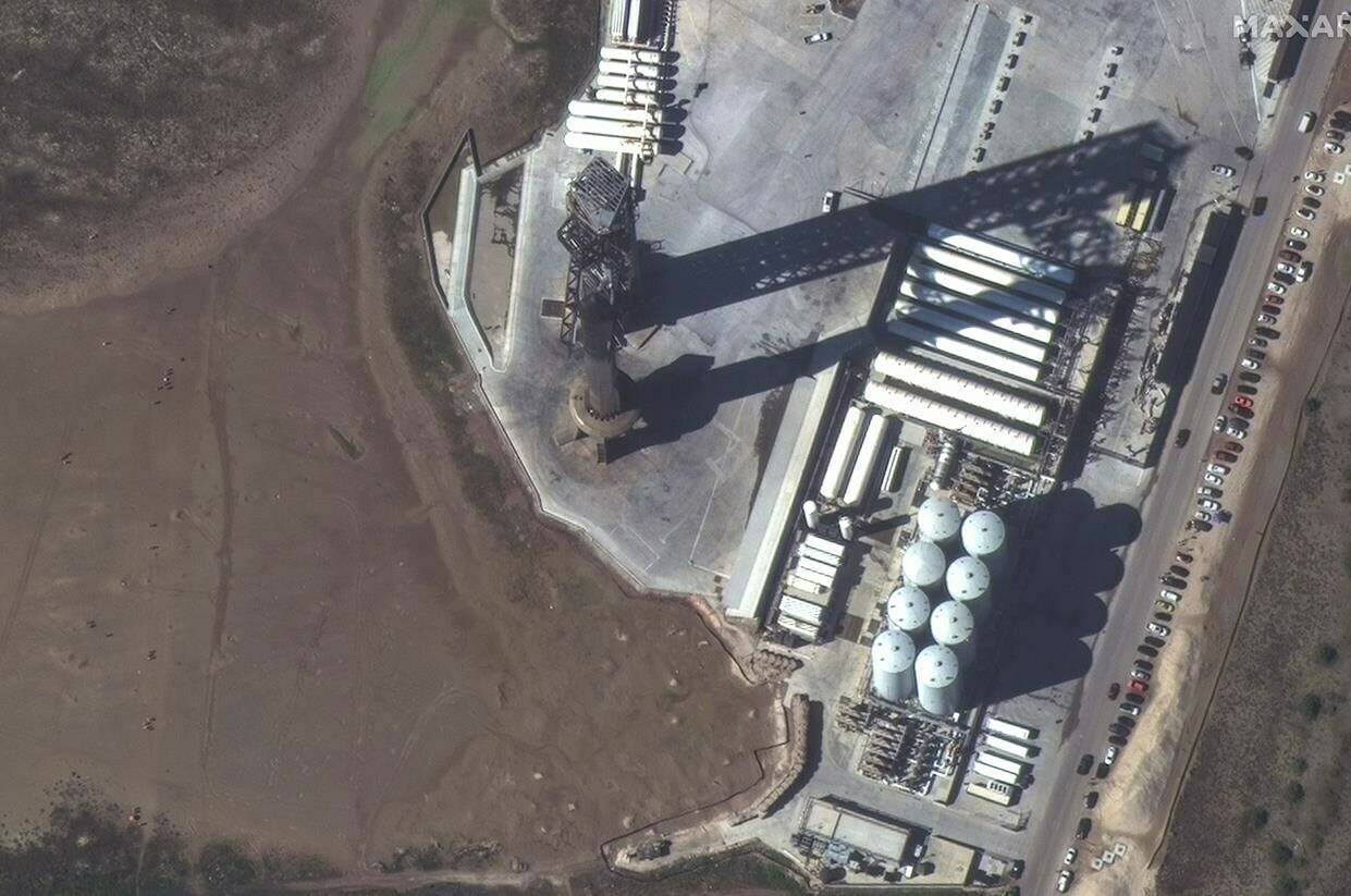 This image provided by Maxar Technologies shows a closeup view of SpaceX Starship stacked atop of the Super Heavy booster at the launch site, Friday, Nov. 17, 2023, in Boca Chica, Texas. (Satellite image ©2023 Maxar Technologies via AP)