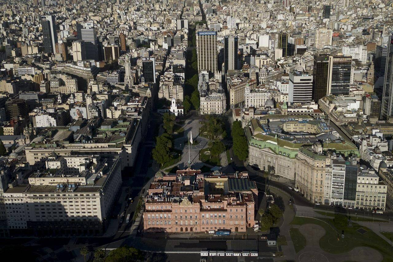 A view of the government house before polling stations open during a presidential runoff election between Javier Milei and Sergio Massa in Buenos Aires, Argentina, Sunday, Nov. 19, 2023. (AP Photo/Matias Delacroix)
