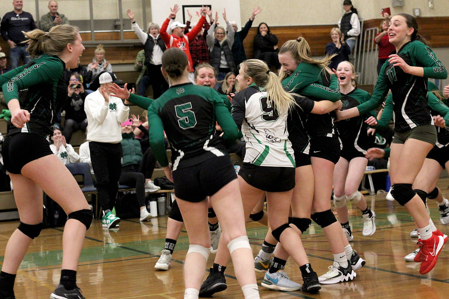 NDSS Islanders players celebrate match point as they defeat the Mt. Douglas Rams in five sets to win the Vancouver Island senior AAAA girls’ volleyball championship Saturday, Nov. 18, at the Dover Bay Secondary School gym. (Greg Sakaki/News Bulletin)