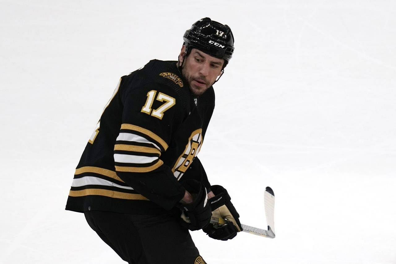 Boston Bruins left wing Milan Lucic (17) during a hockey game in Boston, Tuesday, Oct. 3, 2023. THE CANADIAN PRESS/AP-Charles Krupa