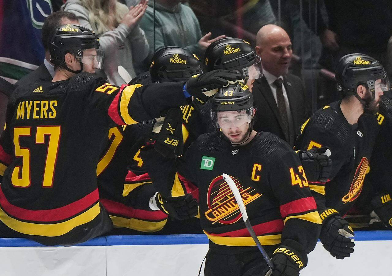 Vancouver Canucks’ Quinn Hughes, front right, and Tyler Myers celebrate Hughes’ goal against the San Jose Sharks during the second period of an NHL hockey game in Vancouver, on Monday, November 20, 2023. THE CANADIAN PRESS/Darryl Dyck
