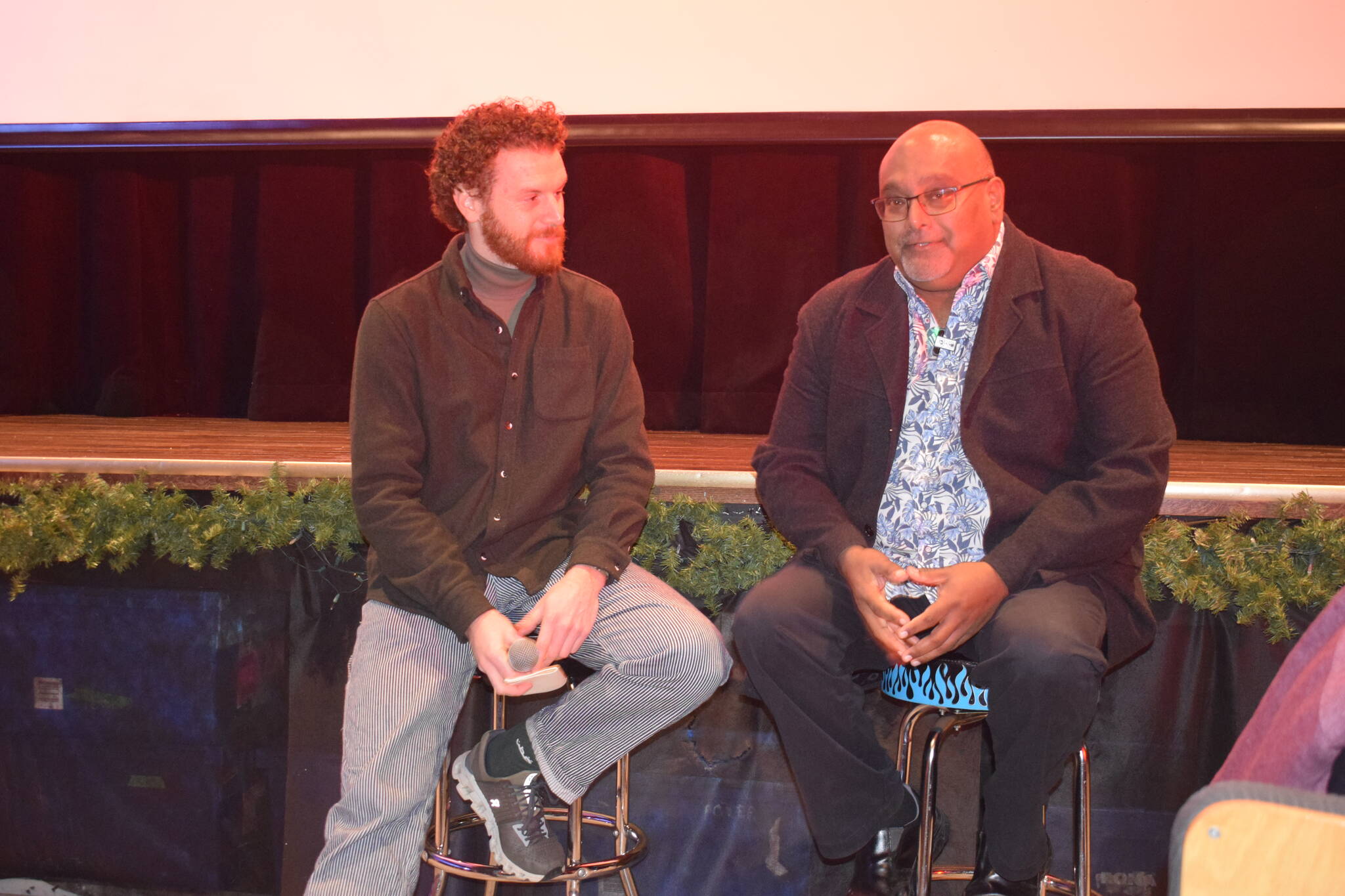 Nigel Edwards and Dr. Prean Armogam talk about the short documentary “Son of a Farmer” that screened at the Gate House Theatre in Port McNeill. (Tyson Whitney - North Island Gazette)