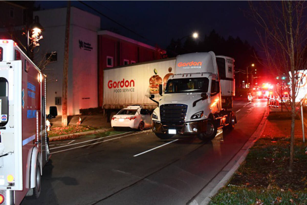 A driver is facing $1,200 after crashing into a tractor-trailer. (Courtesy of the West Shore RCMP)