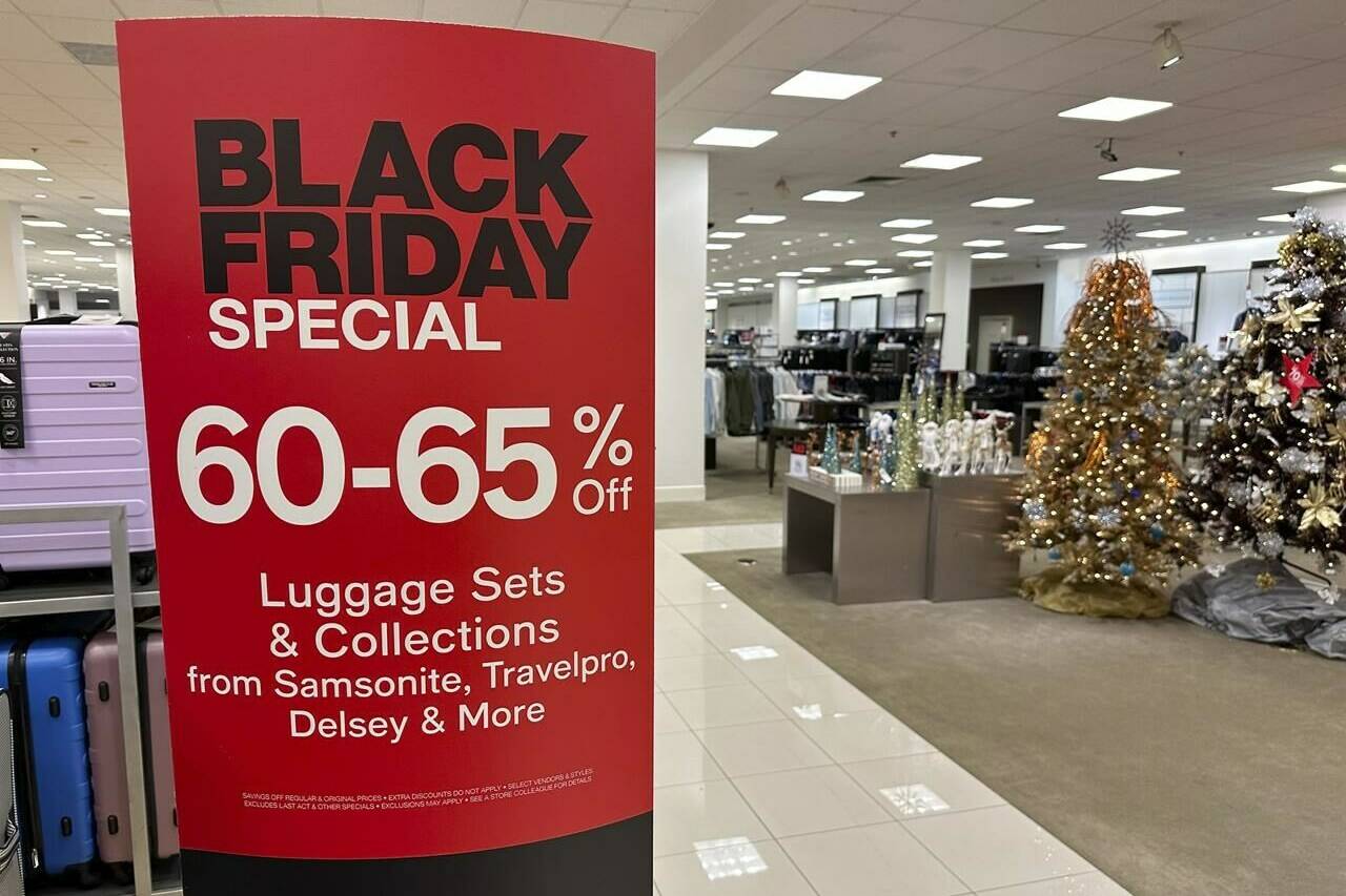 A sign announces Black Friday specials on luggage sets inside a Macy's department store on Monday, Nov. 20, 2023, in Denver. Retailers are kicking off the unofficial start of the holiday shopping season on Friday with a bevy of discounts and other enticements. (AP Photo/David Zalubowski)