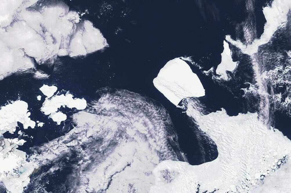 This images provided by Maxar Technologies shows the A23a iceberg moving through the sea sea near the Antarctica, on Wednesday Nov. 15, 2023. One of the world’s largest icebergs, known as A23a, appears to be moving beyond Antarctic waters after being grounded for more than three decades, according to the British Antarctic Survey. (Satellite image ©2023 Maxar Technologies via AP)
