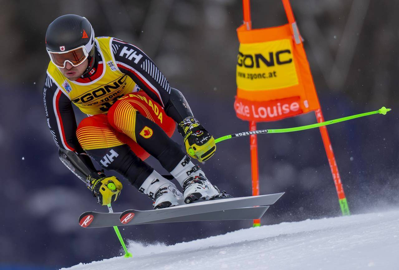 Cameron Alexander, of Canada, flies down the course during the first Men’s World Cup downhill training run in Lake Louise, Alta., Tuesday, Nov. 23, 2021. Being strong and ready to launch from the start hut in the first World Cup downhill of the season is a novel feeling for the 26-year-old ski racer as knee injuries limited his last two seasons. THE CANADIAN PRESS/Frank Gunn