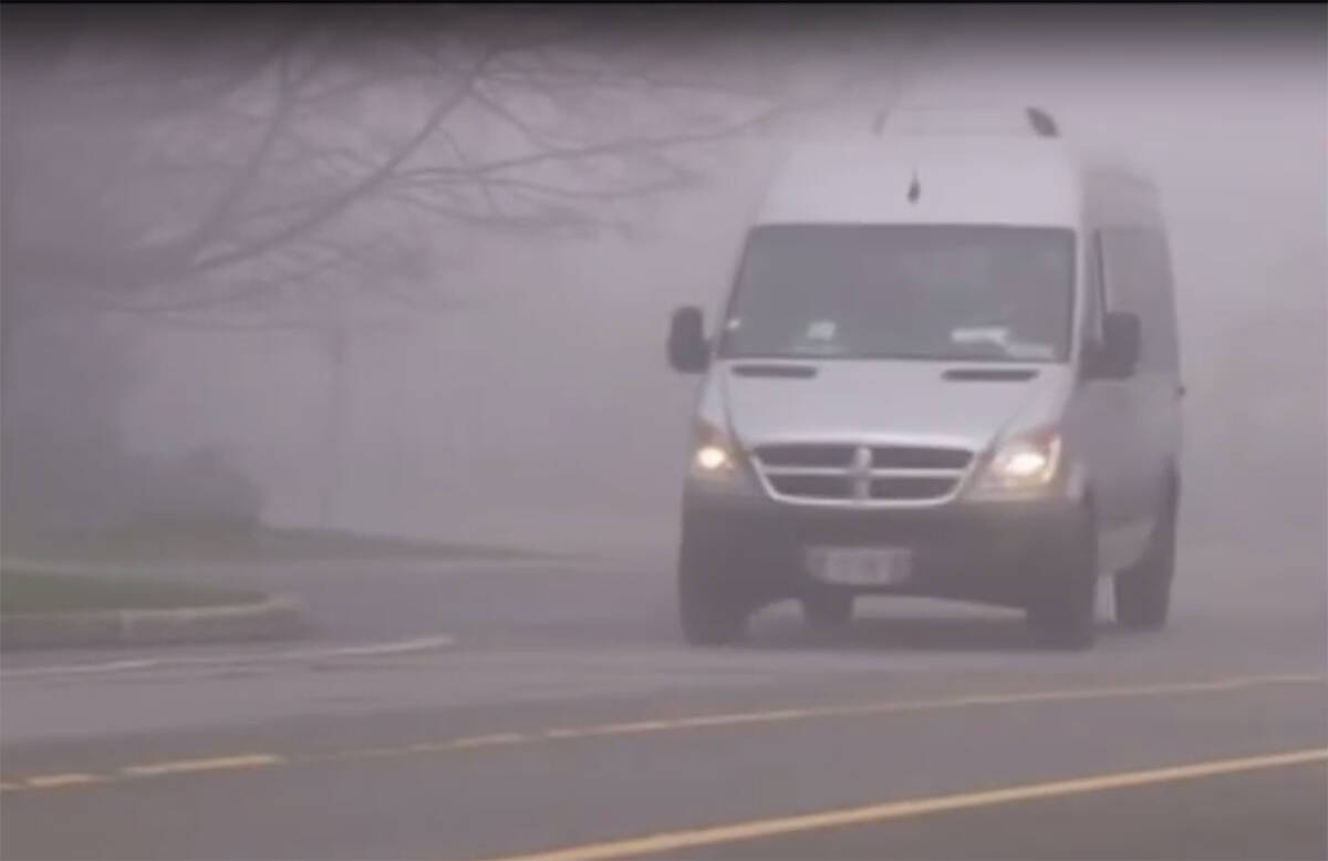 If visibility is reduced while driving, turn on your lights and maintain a safe following distance, states DriveBC. (File photo)