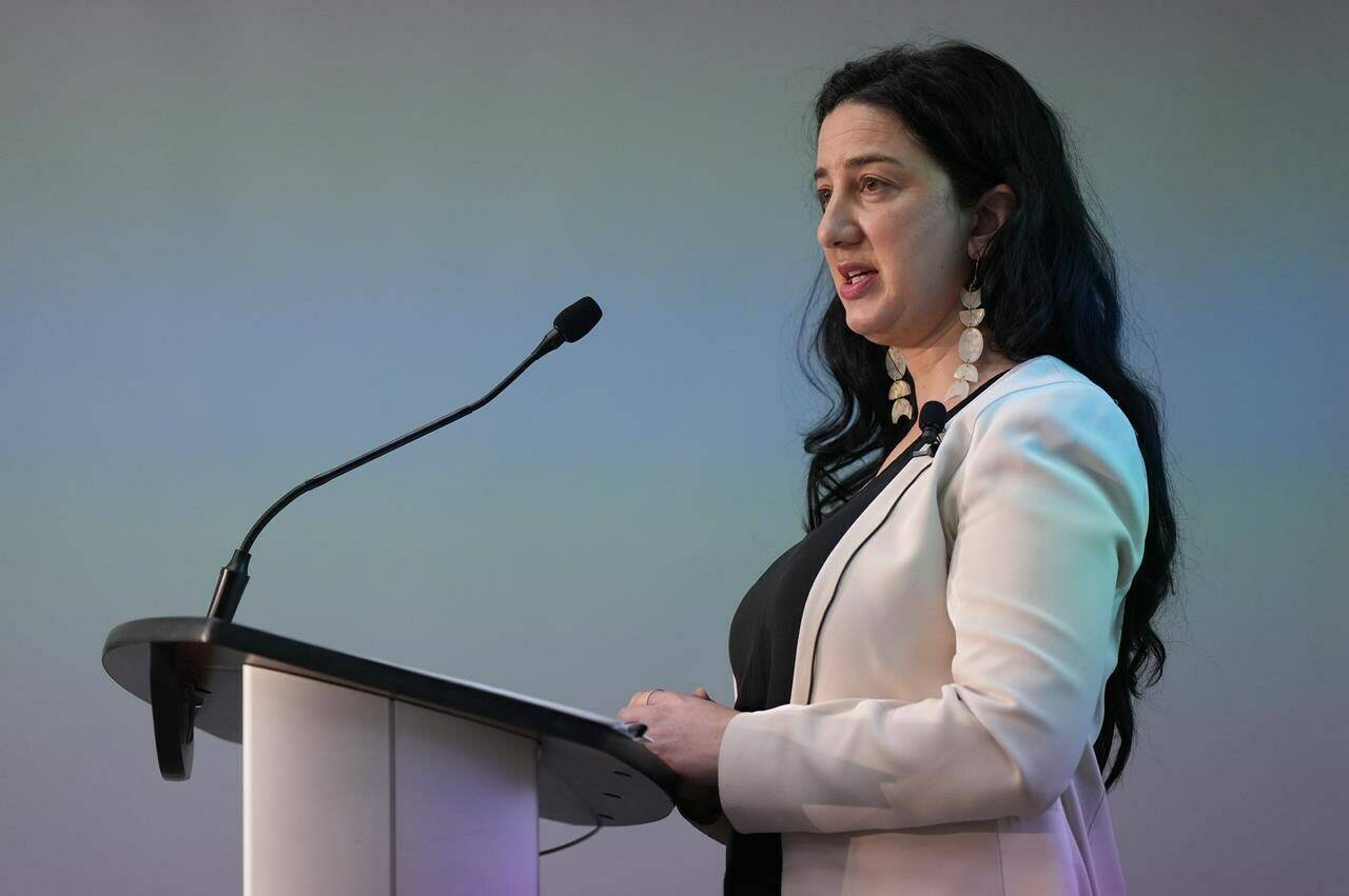 B.C. Human Rights Commissioner Kasari Govender speaks in Vancouver, on Tuesday, March 7, 2023. On Nov. 30, 2023 she announced an inquiry into involuntary detainment under the Adult Guardianship Act. THE CANADIAN PRESS/Darryl Dyck