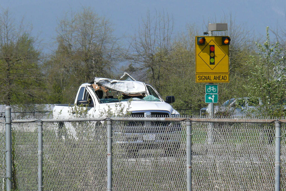 A plane crashed after hitting a pickup truck on 216th Street May 3 at the Langley Regional Airport. (Dan Ferguson/Langley Advance Times)