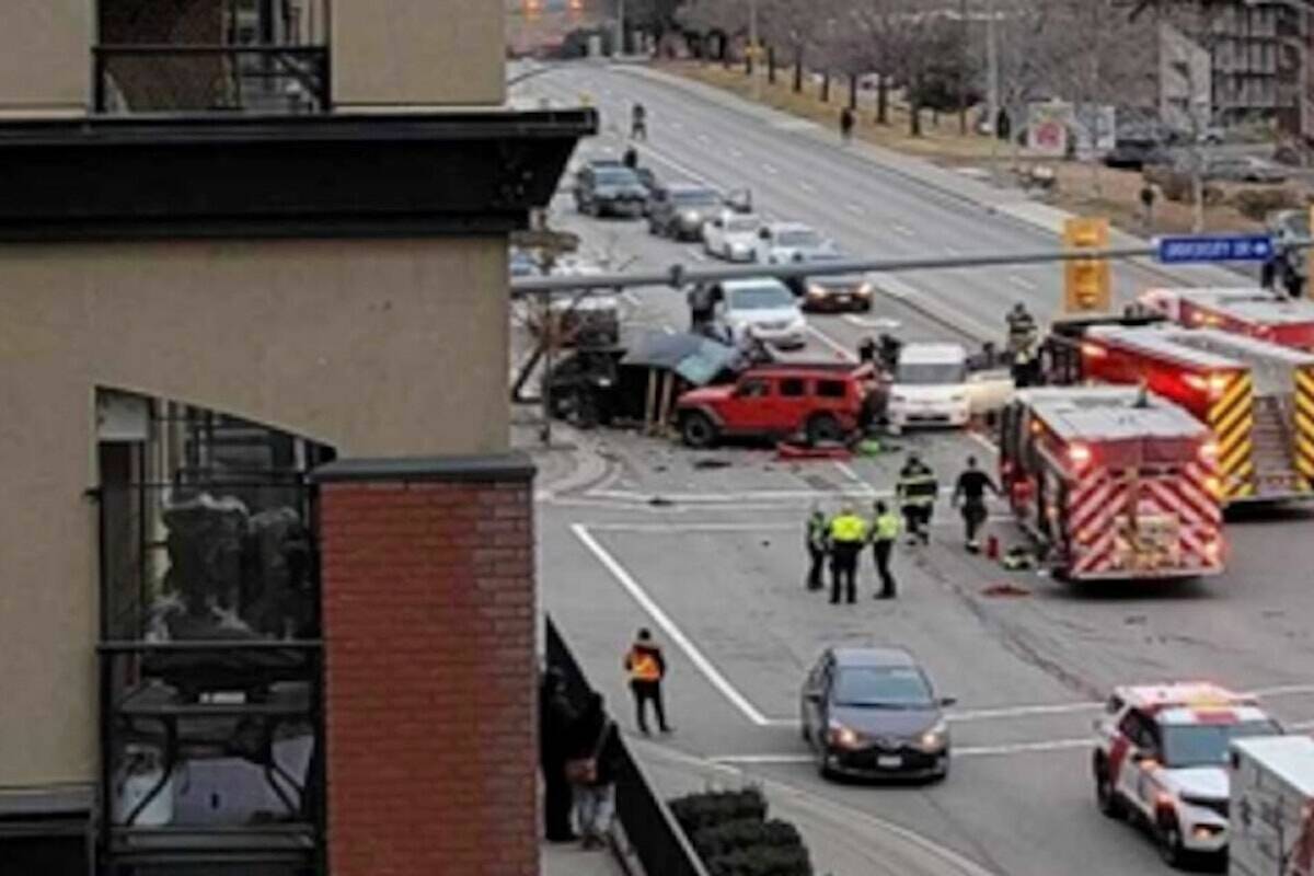 One person is dead following a multi-vehicle crash at the intersection of University Drive and McGill Road in Kamloops that happened at around 3 p.m. Wednesday (Nov. 29) (@supermario_47/X)