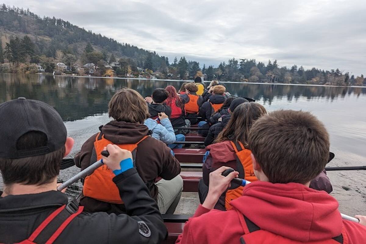 Belmont Secondary students on Nov. 29 were invited aboard the 35-foot Pacific Dancer Canoe, known as TL’Ches Spirit, which is used by the West Shore RCMP Indigenous policing unit for community and cultural events. (Courtesy of West Shore RCMP)