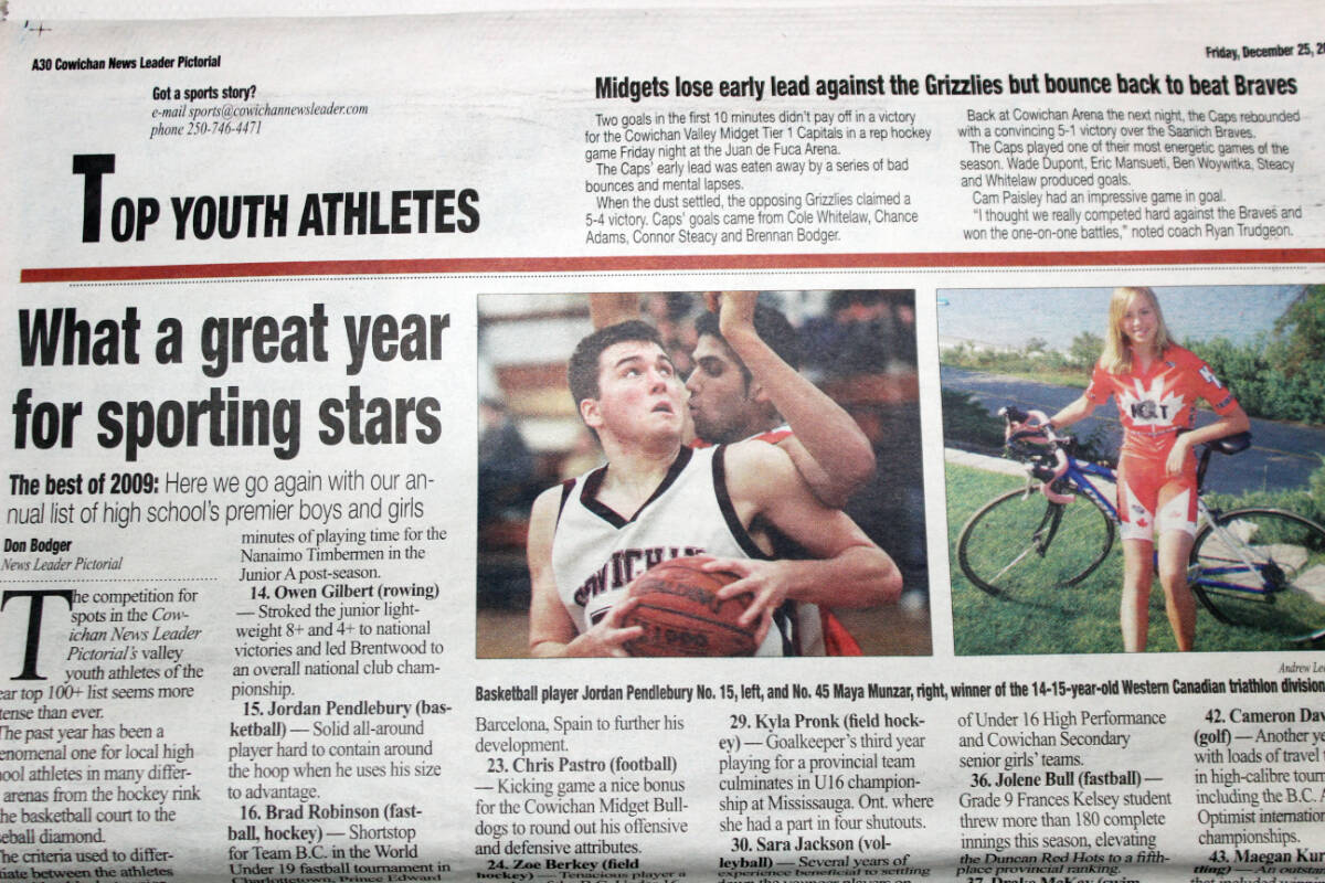 One of the pages from the sports sections of the Cowichan News Leader Pictorial on Christmas Day 2009. (Photo by Don Bodger)
