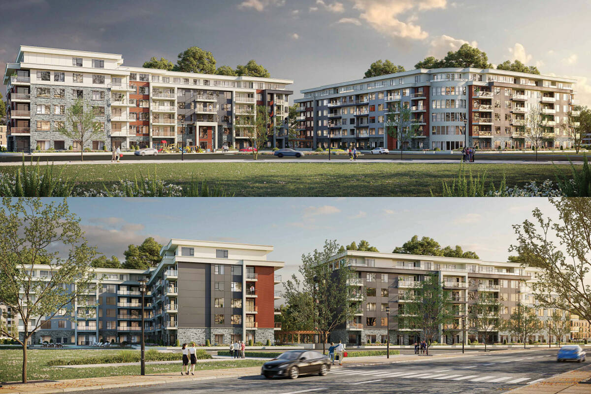 Artist’s renderings of two six-storey buildings proposed for McRobb Avenue. Nanaimo city council voted to amend the covenant on the property, which was previously zoned for 20-storey highrises. (Salehi Architect Inc. images)