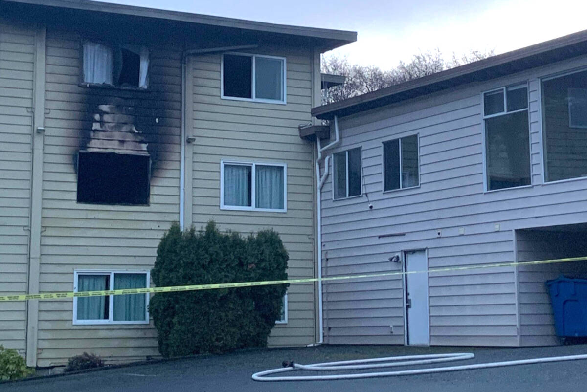 The burnt out window at the Haida Way Motor Inn in Port McNeill. (Derek Koel photo)