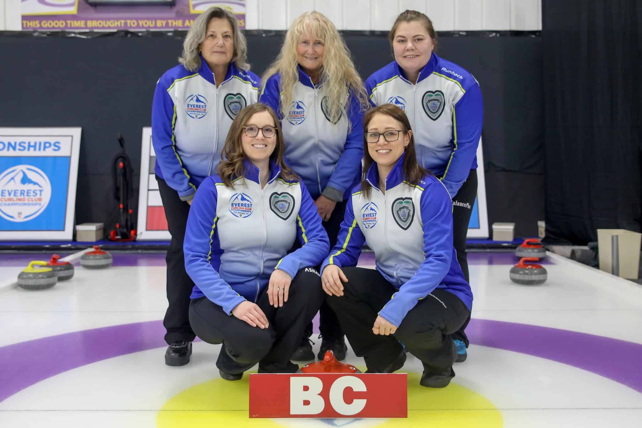 Team British Columbia, 2023 Everest Women’s Curling Club Championship includes (back row from left) Barb Foster, Roselyn Craig, and Marika Van Osch and (front row from left) Carley Sandwith-Craig, and Megan Montgomery. (Curling Canada/Connie Laliberte)