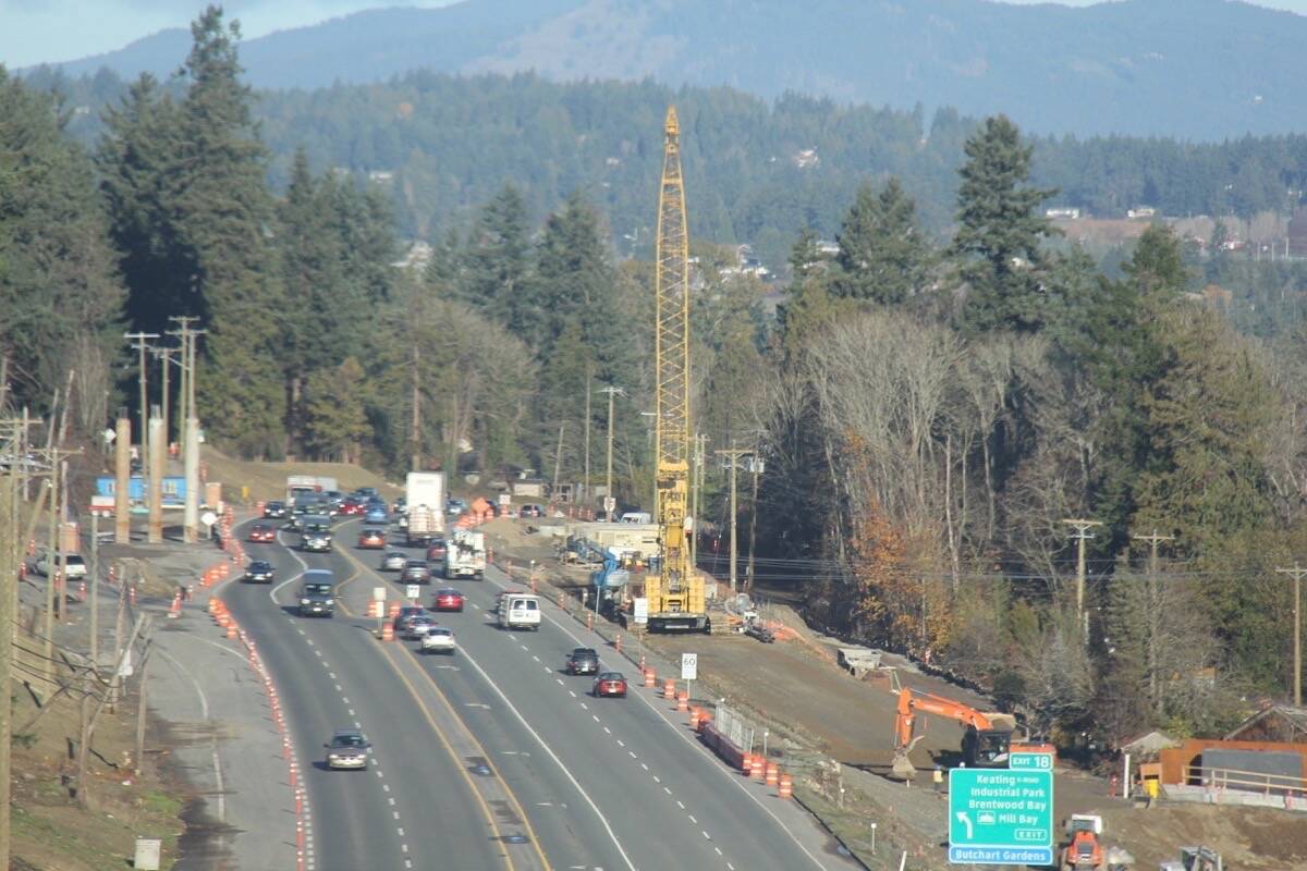 The project to add a flyover at Keating Cross Road and the Pat Bay Highway in Central Saanich is on time and budget according to the Ministry of Transportation. (Christine van Reeuwyk/News Staff)