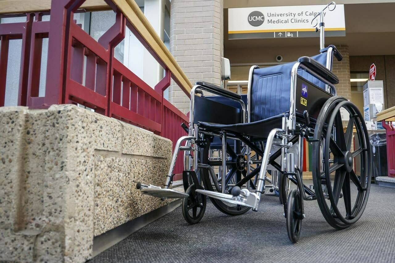 Statistics Canada data shows that 27 per cent of people 15 and older — about eight million Canadians — reported having at least one disability in 2022, about twice the percentage of people who reported a disability 10 years ago. Wheelchairs await non-ambulatory patients at the University of Calgary Medical Clinic, in Calgary, Alta. on Nov. 17, 2022. THE CANADIAN PRESS/Jeff McIntosh