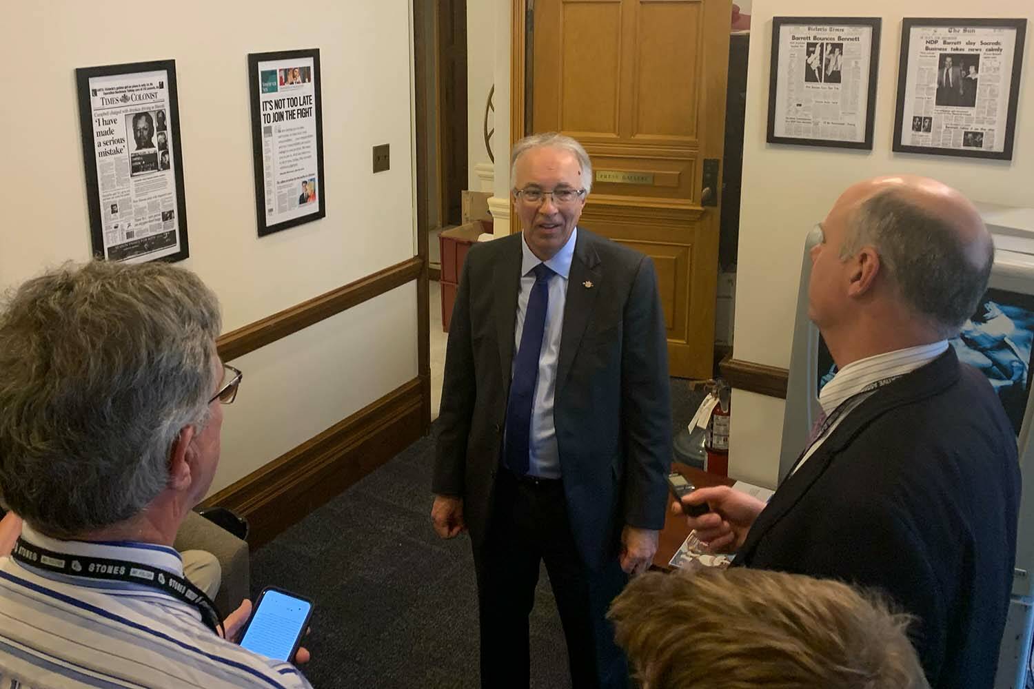 Conservative Party of BC Leader John Rustad, here seen meeting with reporters in the legislature’s press gallery after the end of the fall session Nov. 30, said his party will be prepared for the next provincial election. (Wolf Depner/News Staff)