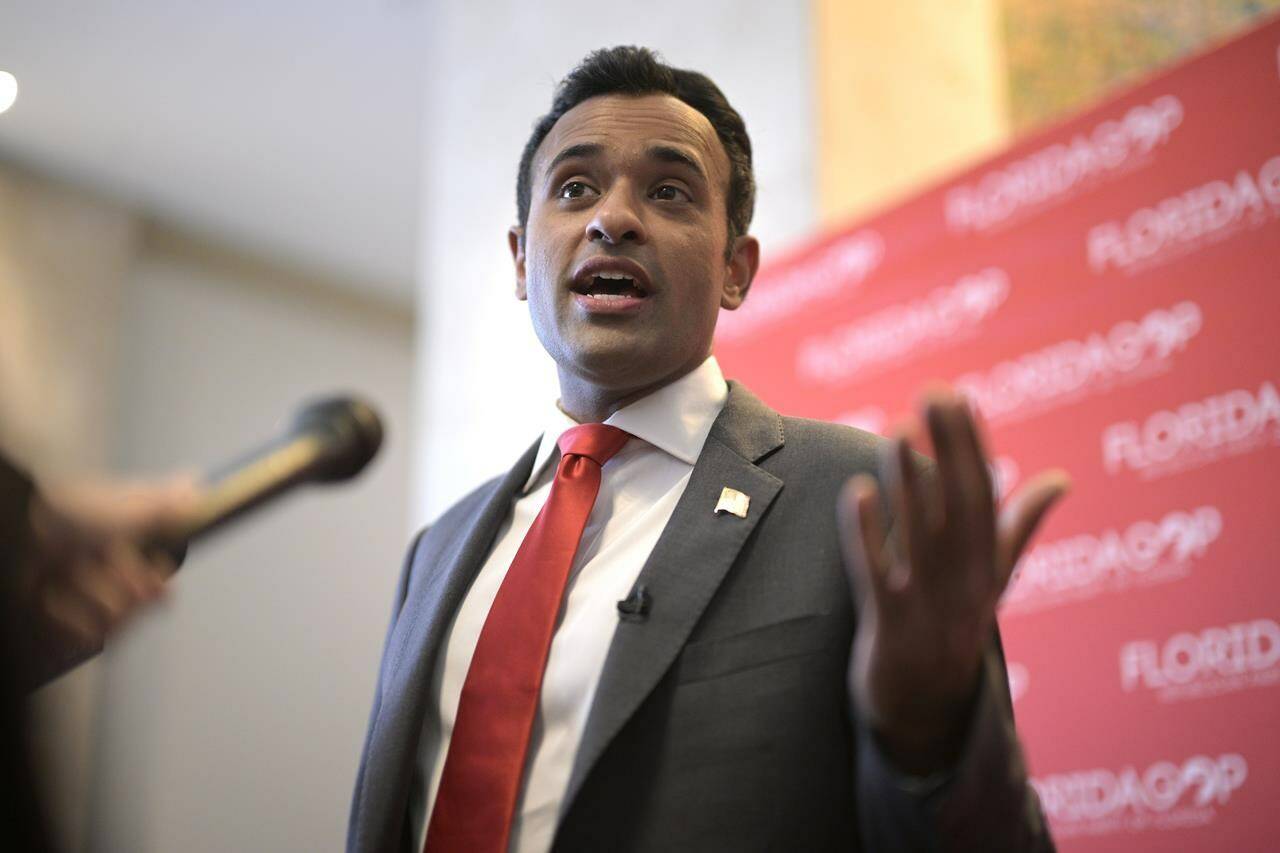 FILE - Republican presidential candidate Vivek Ramaswamy answers questions from reporters on Nov. 4, 2023, in Kissimmee, Fla. This year’s lists of the most mispronounced words in the U.S. and Britain were released on Thursday, Dec. 7, by the online language learning company Babbel, and the biotech entrepreneur made the list. Ramaswamy’s name is pronounced Vih-VAKE Rah-mah-SWAH-me. (AP Photo/Phelan M. Ebenhack, File)