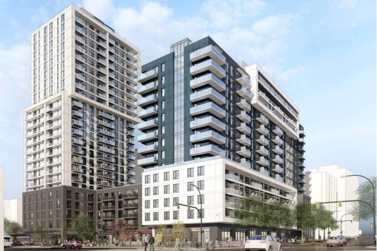 The proposal is for a site at Cook and Yates Streets and would include two towers of 15 and 25 storeys, fully electric, with a 4,900-square-foot plaza, plus a rooftop running track. (City of Victoria)