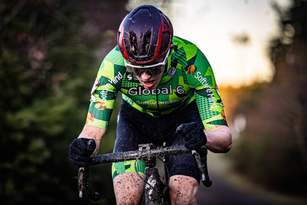 Mill Bay’s Evan Russell powers his way to first place in the men’s field at the National Cyclocross Championships in Victoria on Nov. 25. (Dave Miller/4iiii Innovations Inc.)