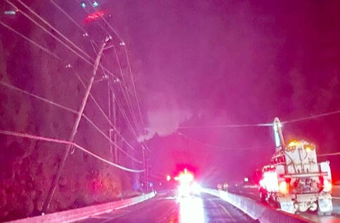 An extensive power outage resulted after a large vacuum truck hit a power pole in Chemainus early Monday morning. (BC Hydro photo)