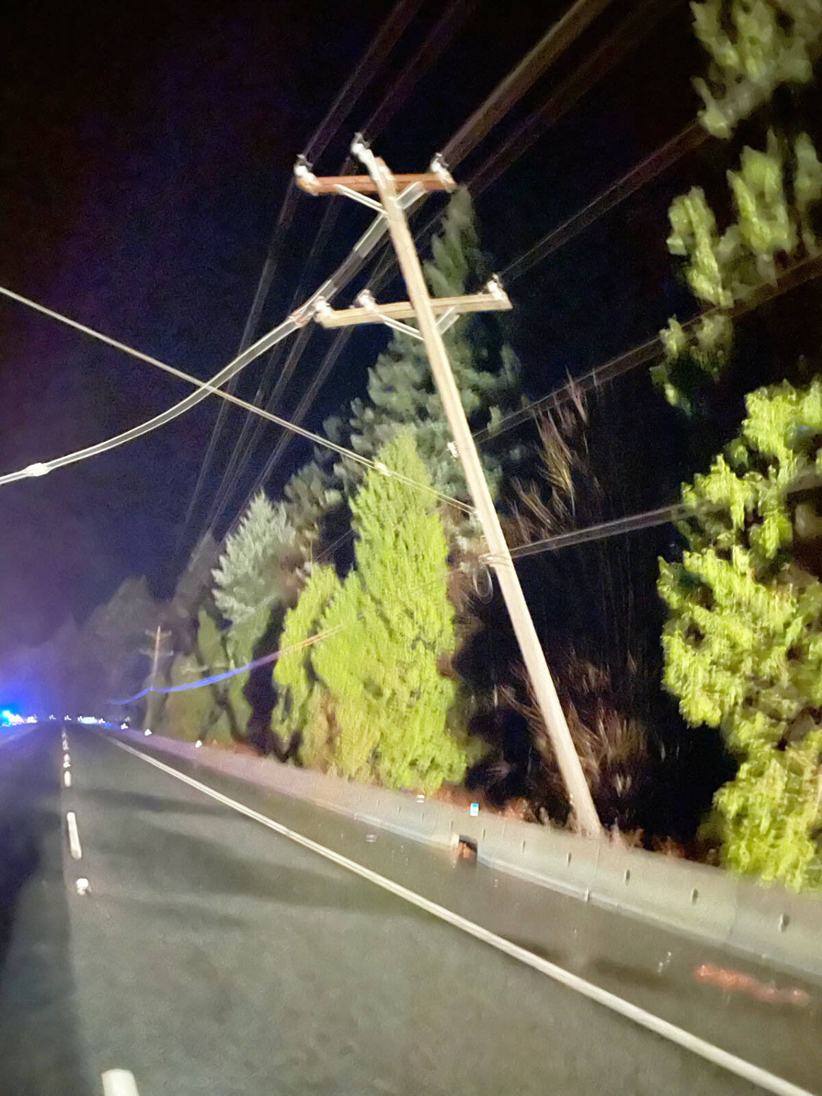 Power pole on the lean on the Trans-Canada Highway in Chemainus. (BC Hydro photo)