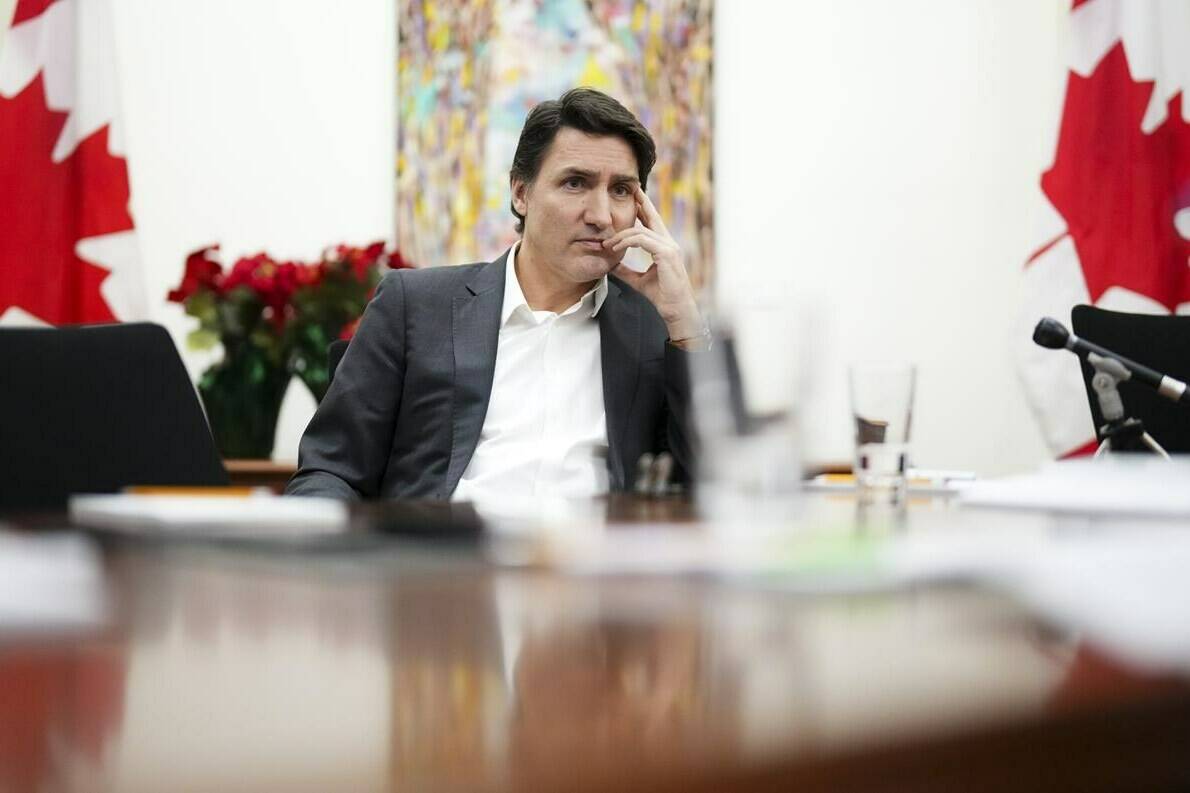 Prime Minister Justin Trudeau takes part in an interview in Ottawa on Monday, Dec. 11, 2023. Trudeau says Israel and Hamas must work toward “a sustainable ceasefire,” starting with another pause in hostilities. THE CANADIAN PRESS/Sean Kilpatrick