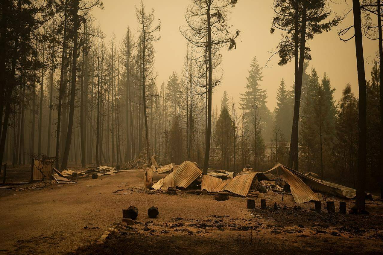 A new study says Canadian homeowners and communities can slash wildfire risks to buildings if they start taking steps like cutting buffer zones and using fire resistant construction materials. A property that was destroyed by the Lower East Adams Lake wildfire is seen in Scotch Creek, B.C., on Sunday, August 20, 2023. THE CANADIAN PRESS/Darryl Dyck