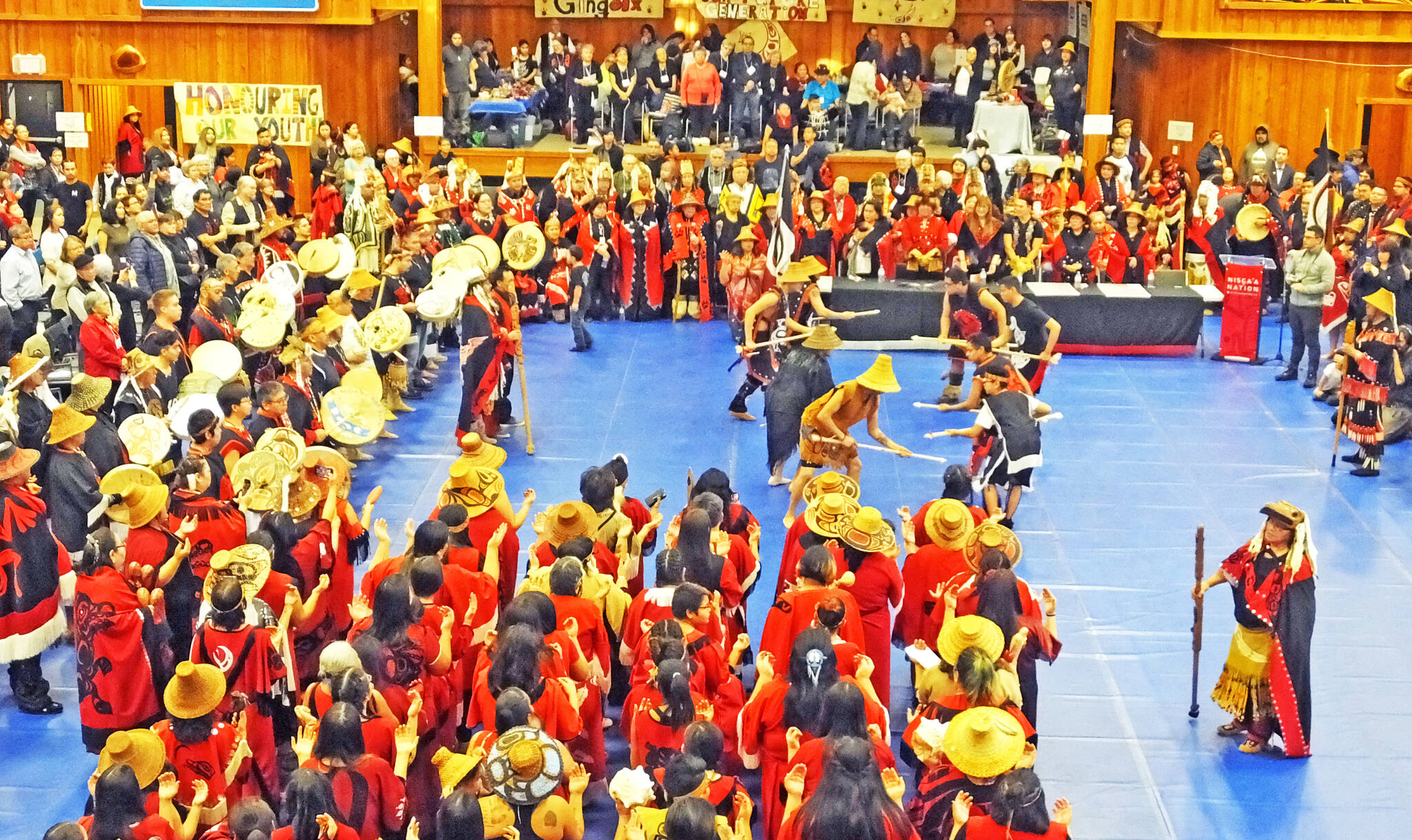 Nisga’a cultural dancers put on a show for their Tahltan visitors Feb. 22, 2019 in Gingolx during Hobiyee celebrations. (Chris Gareau photo)