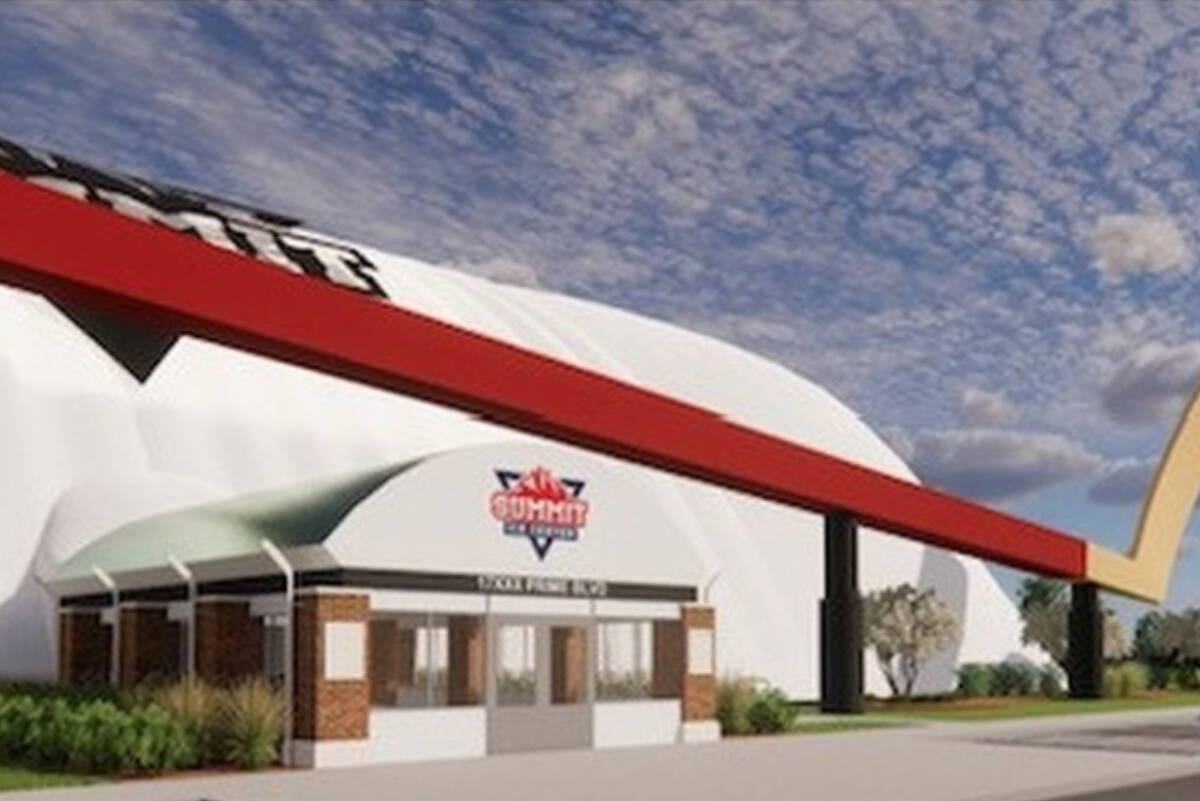 Renderings of the proposed Summit Ice Centre in Lockport, Illinois, featuring what would be the largest hockey stick in the world. (Photo- City of Lockport/Instagram)