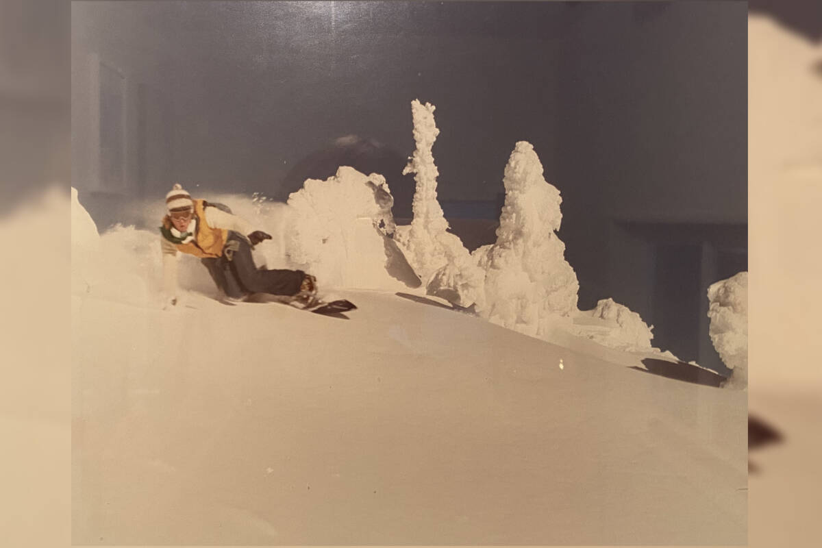 A young Jim Howe tries out his Winterstick Swallow Tail snowboard at Big White in Jan. 1980. (Contributed)