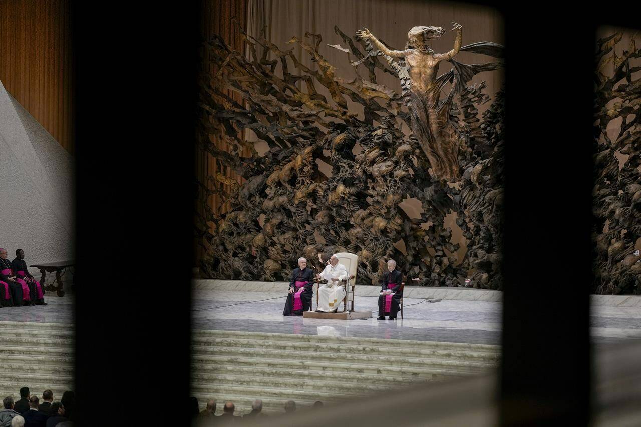 While some are welcoming the Vatican’s declaration on blessings for same-gender couples as a sign of progress, other Canadian Catholics see the document as cementing the church’s existing position: that romantic relationships between people of the same gender are lesser than those of their heterosexual counterparts. Pope Francis delivers a speech during his weekly general audience in the Pope Paul VI hall at the Vatican, Wednesday, Dec. 20, 2023. THE CANADIAN PRESS/AP-Andrew Medichini
