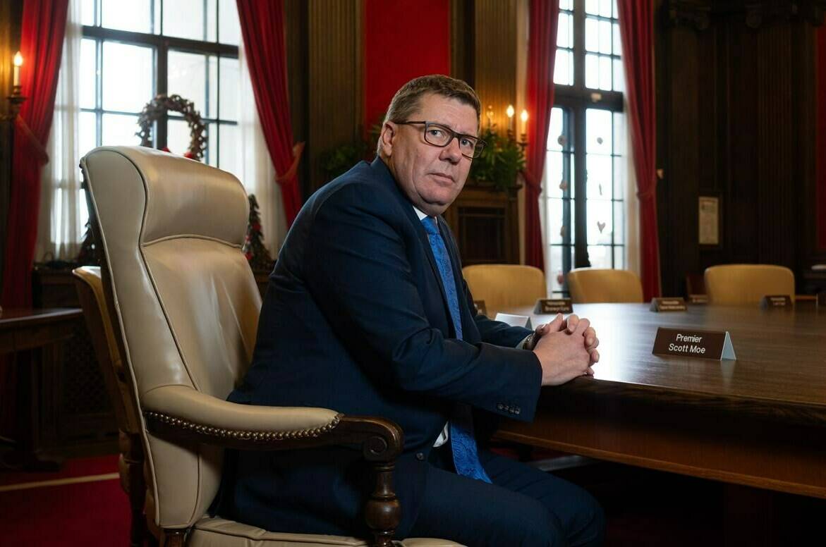 Saskatchewan Premier Scott Moe sits for a photograph in the cabinet room at the Saskatchewan Legislative Building in Regina, on Monday, Dec. 18, 2023. THE CANADIAN PRESS/Heywood Yu