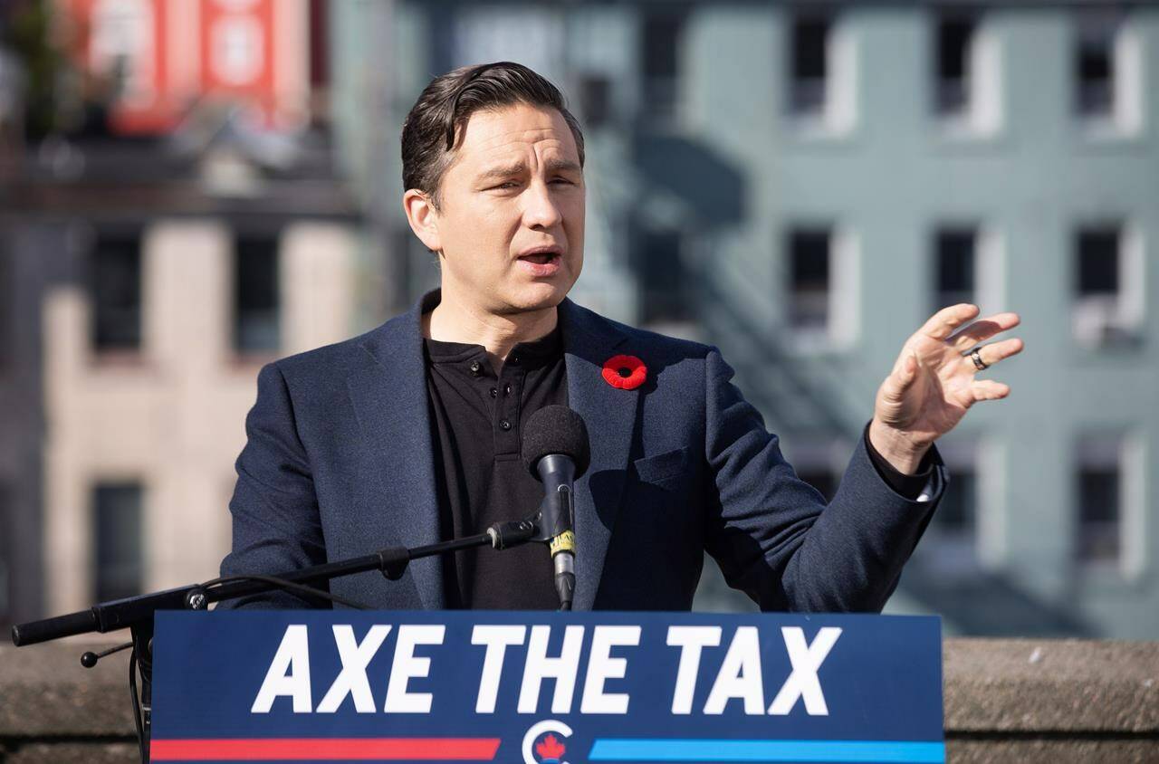 Canada’s price on pollution is supposed to help battle global warming, but as it nears its fifth anniversary, nothing in Canadian politics is hotter. Conservative Leader Pierre Poilievre has so successfully convinced Canadians the carbon price is to blame for inflation that he even earned begrudging respect for his “axe the tax” campaign from Prime Minister Justin Trudeau. Poilievre holds a press conference regarding his “Axe the Tax” message from the roof a parking garage in St. John’s on Friday, Oct.27, 2023. THE CANADIAN PRESS/Paul Daly