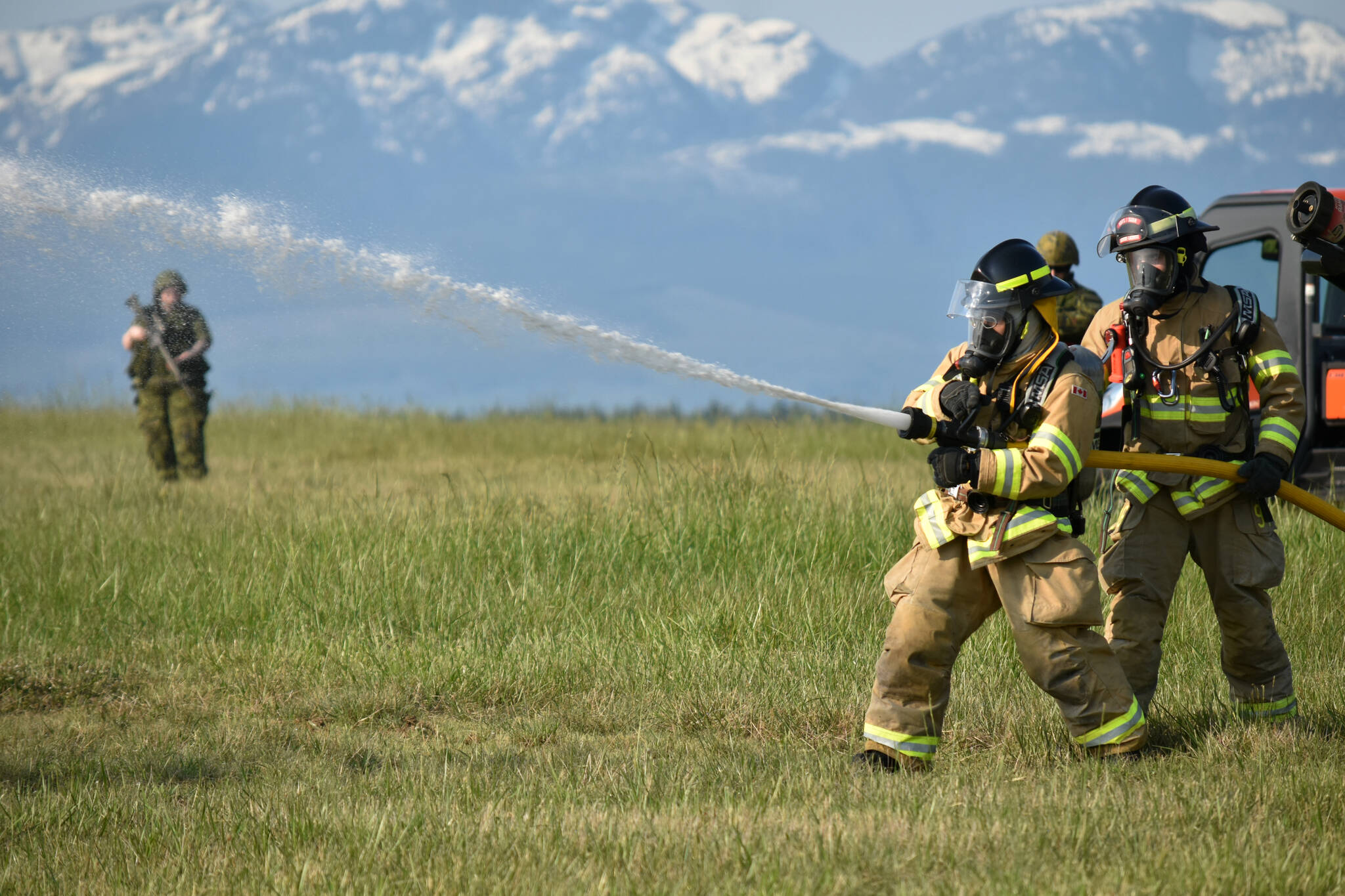 A multi-scale emergency scenario involving multiple agencies took place at 19 Wing Comox May 17 and involved a plane crash with aircraft wreckage around Air Force Beach and 19 Wing Comox. Photo by Erin Haluschak/Comox Valley Record