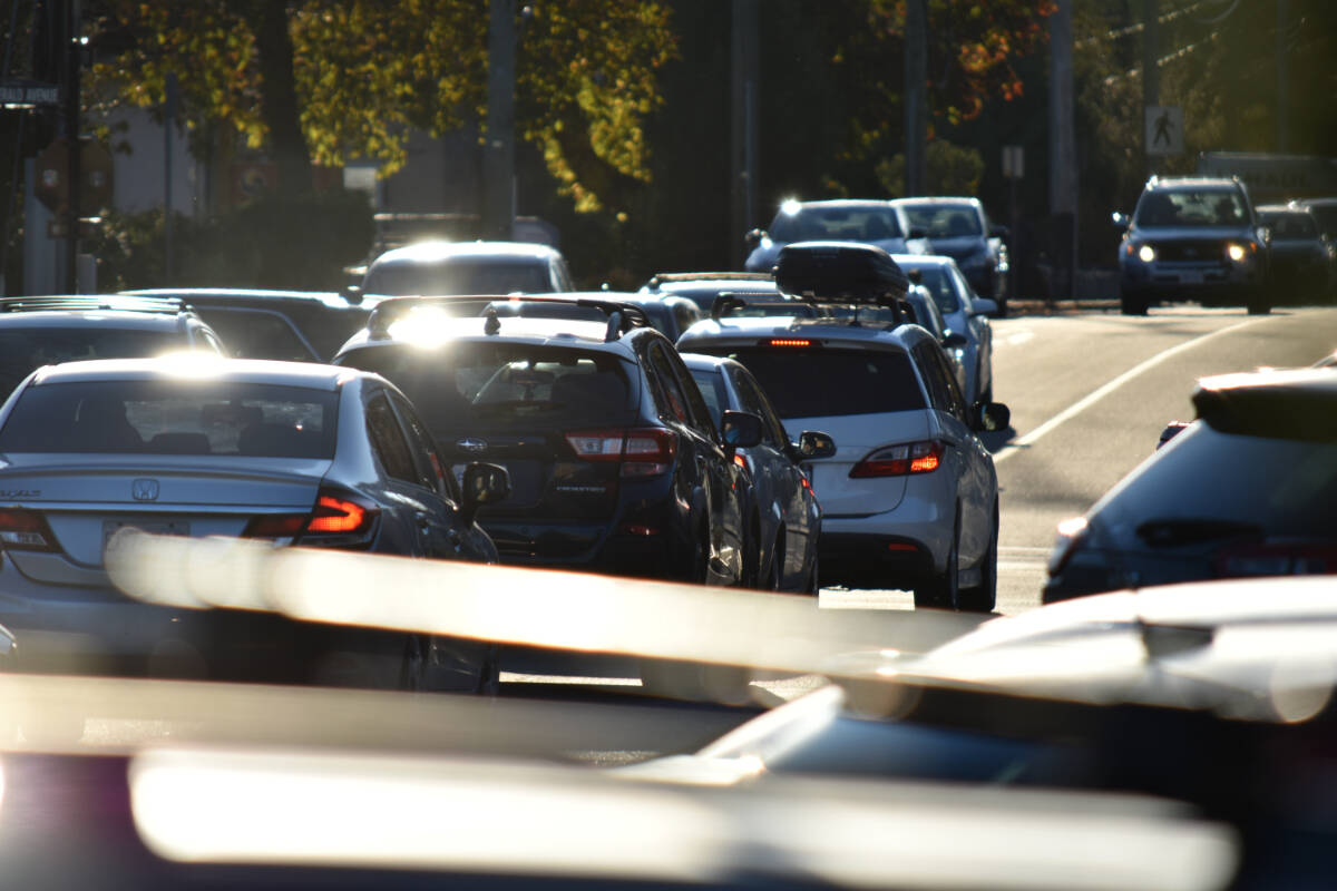Traffic is seen in downtown Courtenay at the intersection of Fitzgerald Avenue and 5th Street on Oct. 27, 2023. The value of a typical single-family home in Courtenay fell four per cent compared to last year, according to new data from BC Assessment. (Connor McDowell/Comox Valley Record)