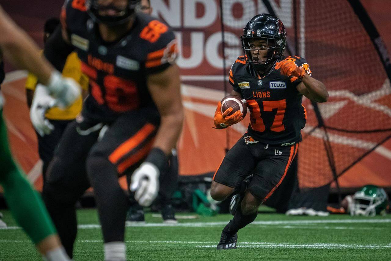 B.C. Lions wide receiver Terry Williams (87) runs with the ball during first half of CFL football action against the Saskatchewan Roughriders, in Vancouver, B.C., Friday, Sept. 29, 2023. The Lions have signed returner and wide receiver Terry Williams to a two-year extension through the 2025 CFL season. THE CANADIAN PRESS/Ethan Cairns