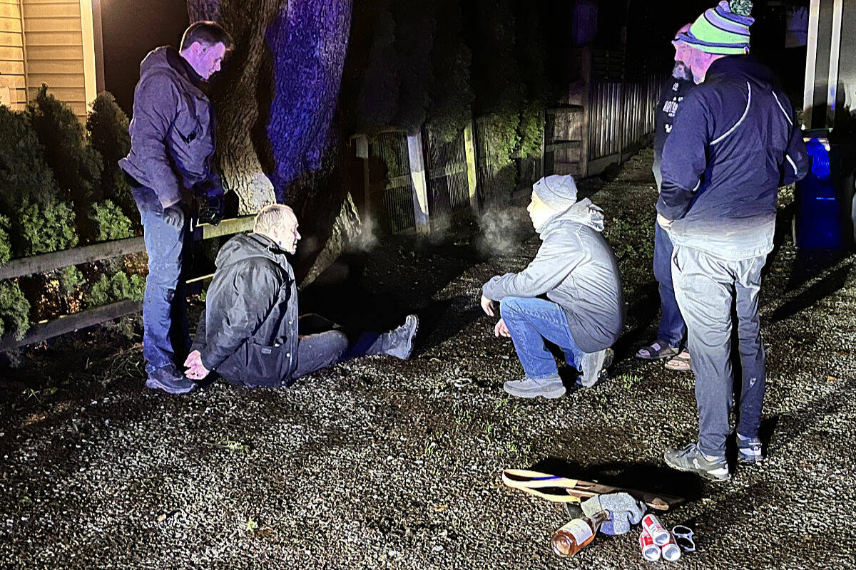 Some of the men who undertook an informal patrol on Dec. 22 and 23 spoke to Matthew Ostrander shortly after RCMP arrested him. Ostrander now faces a breaking and enter charge. (Tom Aubert photo/Special to the Langley Advance Times)