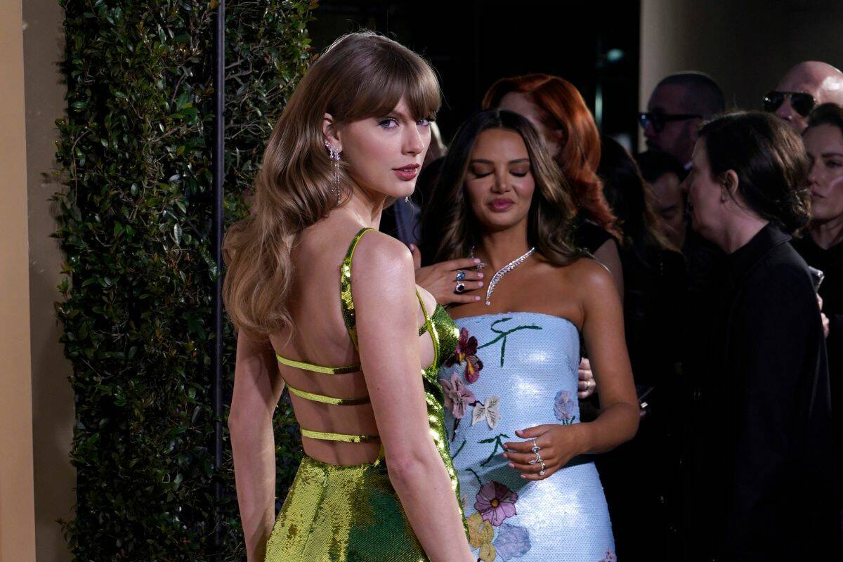 Taylor Swift arrives at the 81st Golden Globe Awards on Sunday, Jan. 7, 2024, at the Beverly Hilton in Beverly Hills, Calif. (Photo by Jordan Strauss/Invision/AP)