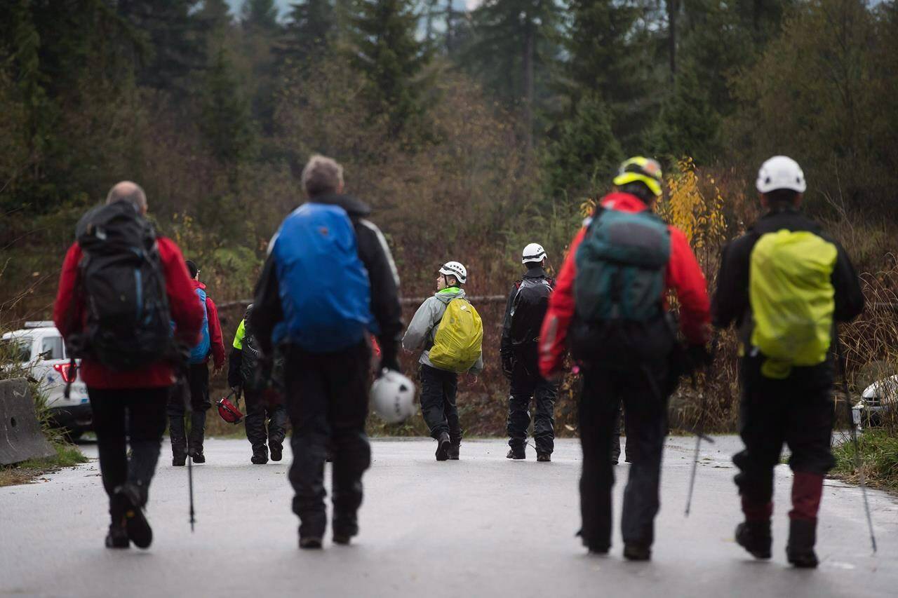 The former head of the B.C. Search and Rescue Association says volunteer search and rescue personnel have been bullied, threatened and disrespected by the province’s Ministry of Emergency Management and Climate Readiness. Search and rescue volunteers exit a trail on Eagle Mountain in Coquitlam, B.C., Wednesday, Nov. 22, 2017. THE CANADIAN PRESS/Darryl Dyck